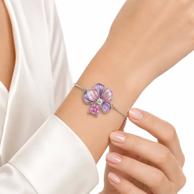 Vyanika Floral Silver Bracelet with Purple Stone