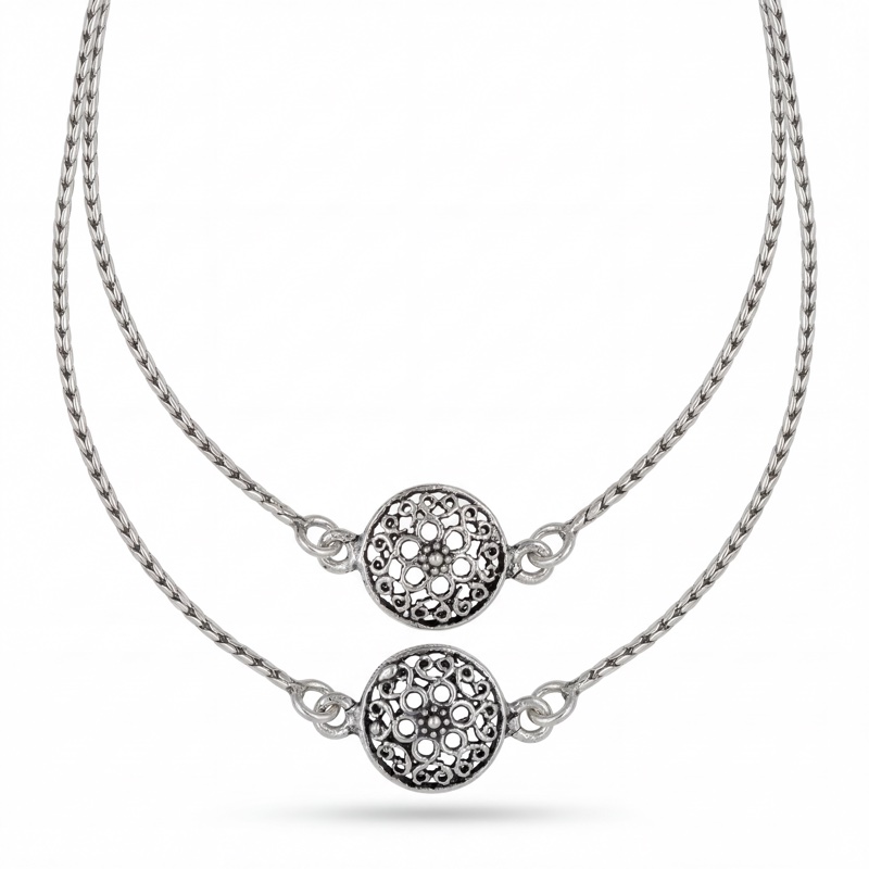Vyanika Kids Silver Dual Layer Filigree Anklet for Girls