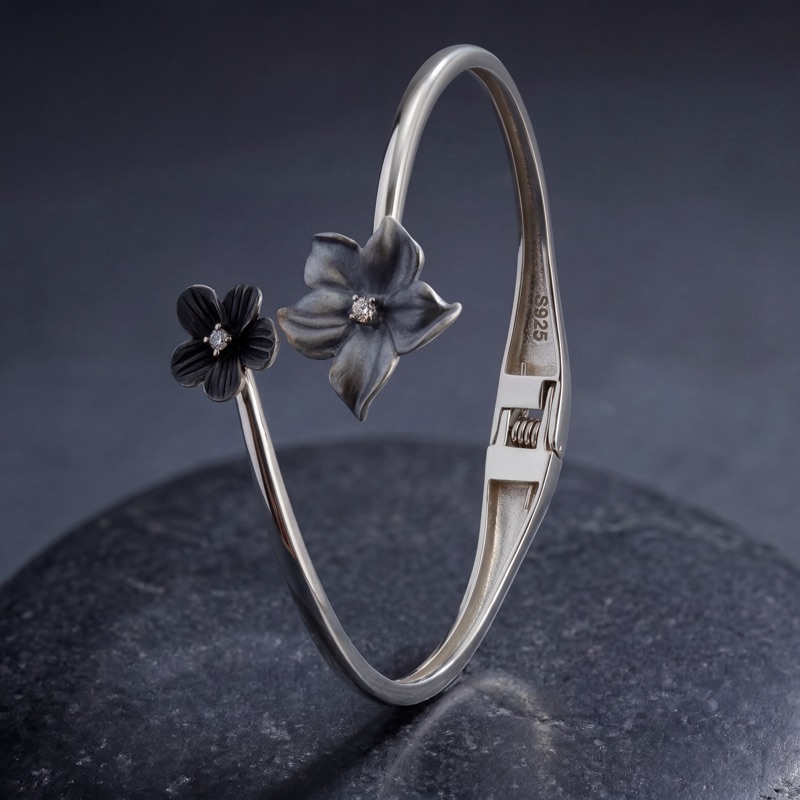 Vyanika Midnight Bloom Silver Cuff Bracelet