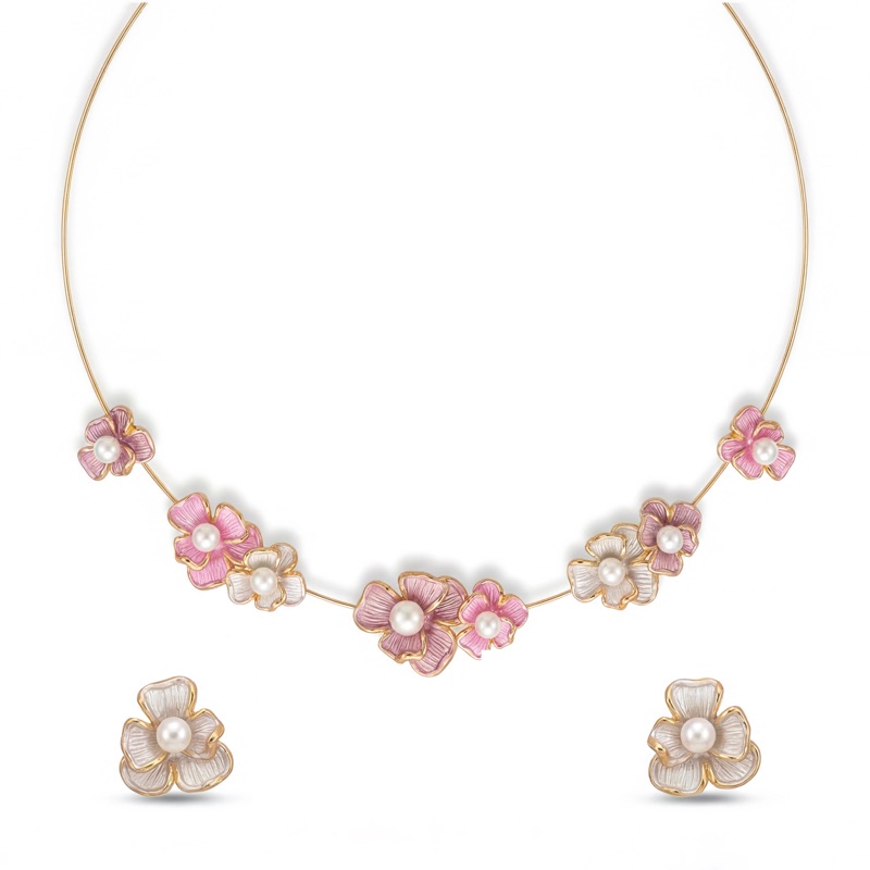 Vyanika Blush Blossom Necklace Set – Floral Pearl Elegance