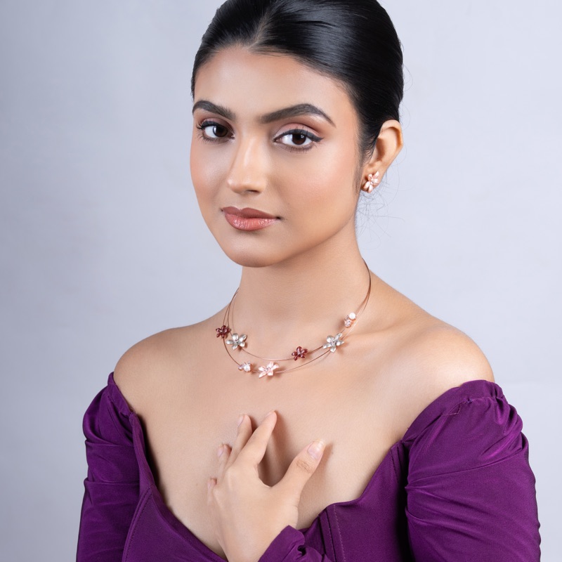Vyanika Pastel Bloom Floral Necklace Set – Dual Layer Elegance