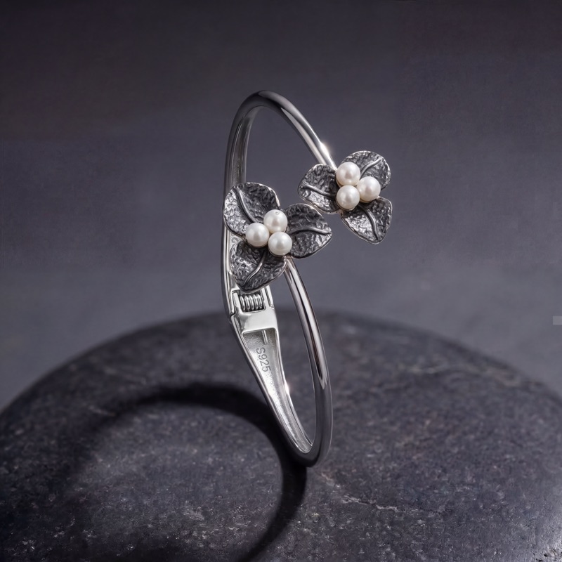 Vyanika Twin Blossom Pearl Cuff Bracelet – Silver Grace
