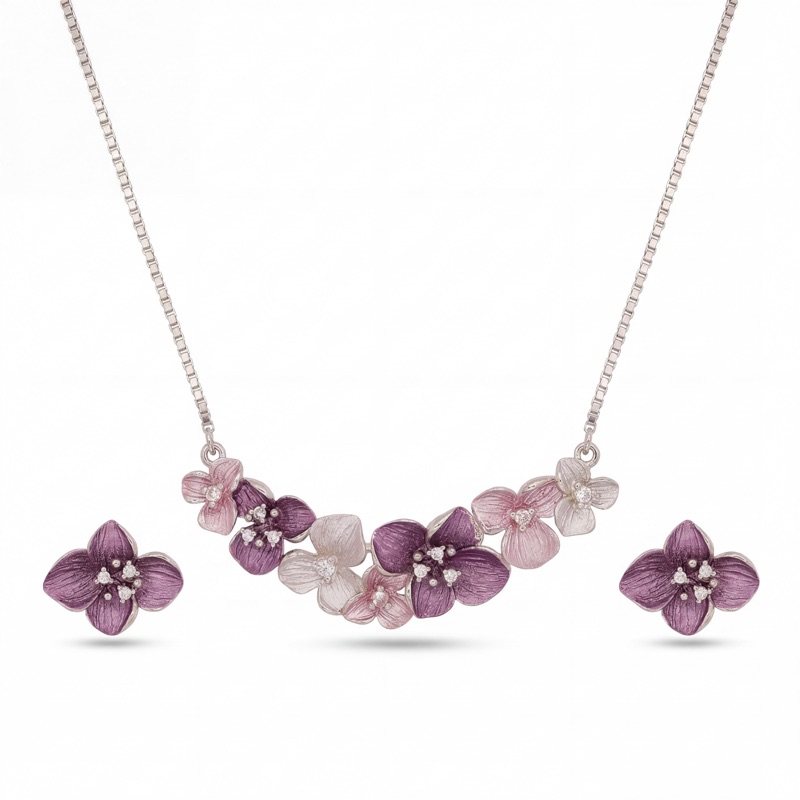 Vyanika Purple Bloom Necklace Set with Earrings