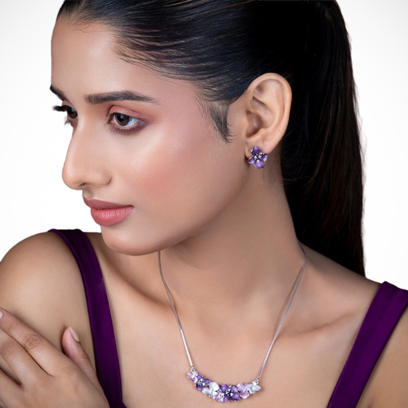 Vyanika Purple Bloom Necklace & Earrings Set