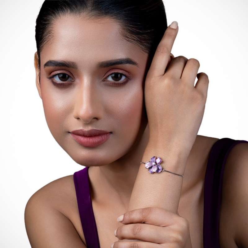 Vyanika Floral Silver Bracelet with Purple Stone