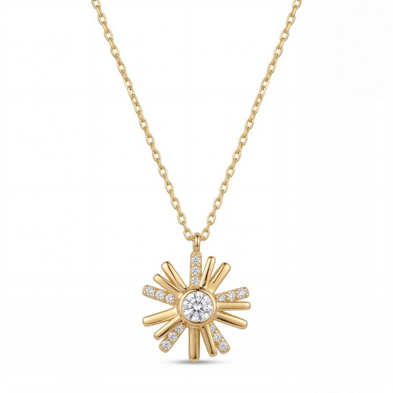Vyanika Radiant Sunburst Crystal Silver Pendant Necklace
